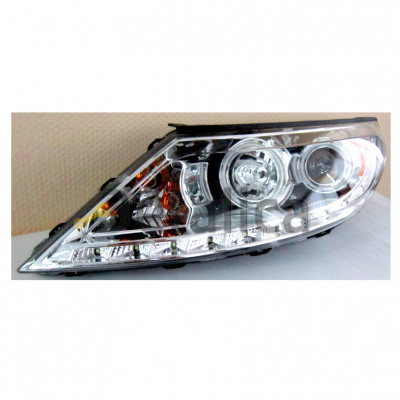 Фара левая+правая комплект тюнинг линзованная DEVIL EYES с светящимся ободком без корректора внутри хром для Киа Спортейдж 3 от 2010 (EAGLE EYES)