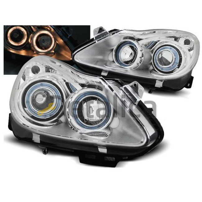 Фара левая+правая комплект тюнинг линзованная с светящимся ободком внутри хром на Опель Корса D