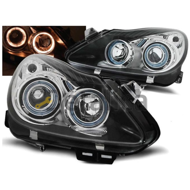 Фара левая+правая комплект тюнинг линзованная с светящимся ободком внутри черная для Опель Корса D