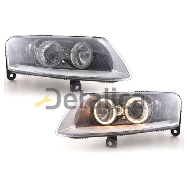 Фара левая+правая комплект тюнинг под корректор линзованная с 2 светящимися  ободками внутри хром для ауди а6 от 2004