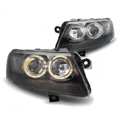 Фара левая+правая комплект тюнинг под корректор линзованная с 2 светящимися  ободками внутри черная для Ауди С6 от 2004 (Depo)