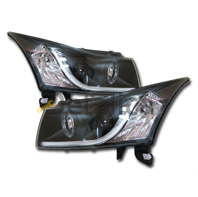 Фара левая+правая комплект тюнинг линзованная с светящимися секциями ободком SONAR внутри черная для Шевроле Круз