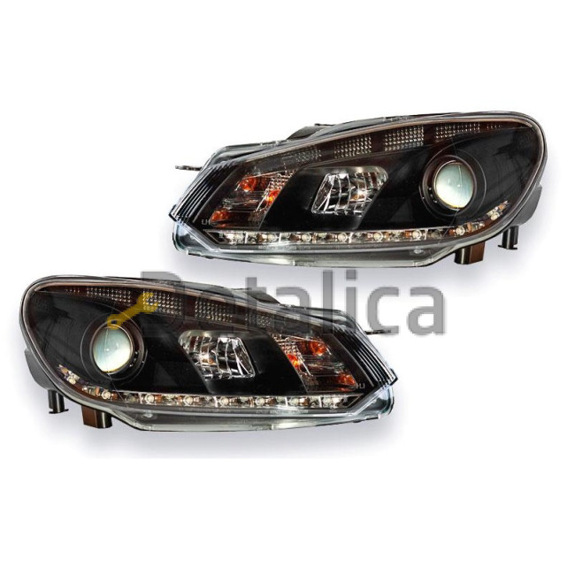 Фара тюнинг комплект линзованная с регуляторм мотора DRL дневные ходовые огни внутри черная для Фольксваген Гольф 6 от 2009 (Devil Eyes)