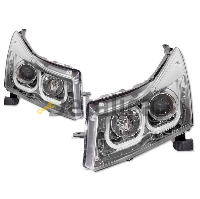 Фара левая+правая комплект тюнинг линзованная DEVIL EYES с светящимися ободком без корректора EAGLE EYES внутри хром для Шевроле Круз     005H-N