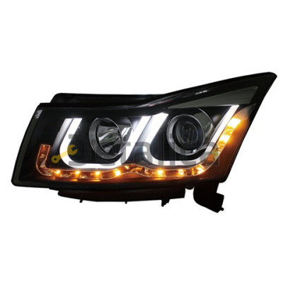 Фара левая+правая комплект тюнинг линзованная DEVIL EYES с светящимися ободком без корректора EAGLE EYES внутри черная для Шевроле Круз     005B-N