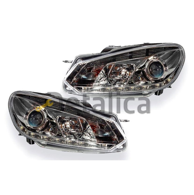 Фара тюнинг комплект линзованная внутри хром с Drl днев ход огни для Фольксваген Гольф 6 от 2009 (Devil Eyes)