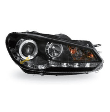 Фара тюнинг комплект линзованная со светящимся ободком регулятором мотора внутри черная для Фольксваген Гольф 6 от 2009 (Junyan)