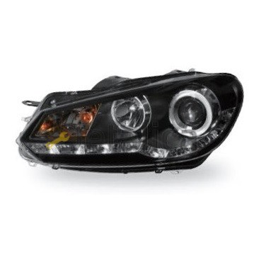 Фара тюнинг комплект линзованная со светящимся ободком регулятором мотора внутри черная для Фольксваген Гольф 6 от 2009 (Junyan)