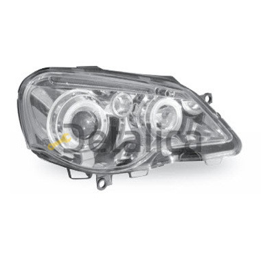 Фара левая+правая комплект тюнинг линзованная с светящимся ободком внутри хром для Фольксваген Поло от 2005-2008 (Junyan) Тайвань