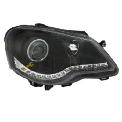 Фара левая+правая комплект тюнинг с светящимся ободком диод линзованная внутри черная для Фольксваген Поло от 2005-2008 (Eagle Eyes) Тайвань