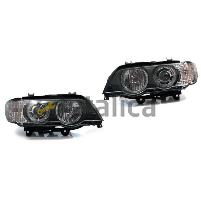 Фара левая+правая комплект ксенон тюнинг с светящимся ободком диод линзованная с регулятором мотора внутри черная для BMW E53 X5 от 1999-2004   D2S