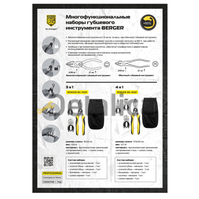 Многофункциональный набор губцевого инструмента 4 в 1 BERGER BG-4SSP Многофункциональный набор губцевого инструмента 4 в 1 BERGER BG-4SSP