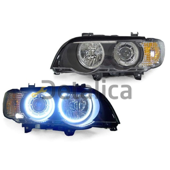 Фара левая+правая комплект тюнинг с светящимся ободком линзованная внутри черная для BMW E53 X5 от 1999-2004