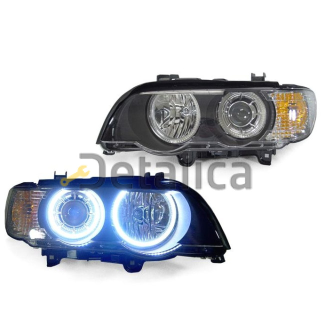 Фара левая+правая комплект ксенон тюнинг  с светящимся ободком  линзованная внутри черная для BMW E53 X5 от 1999-2004