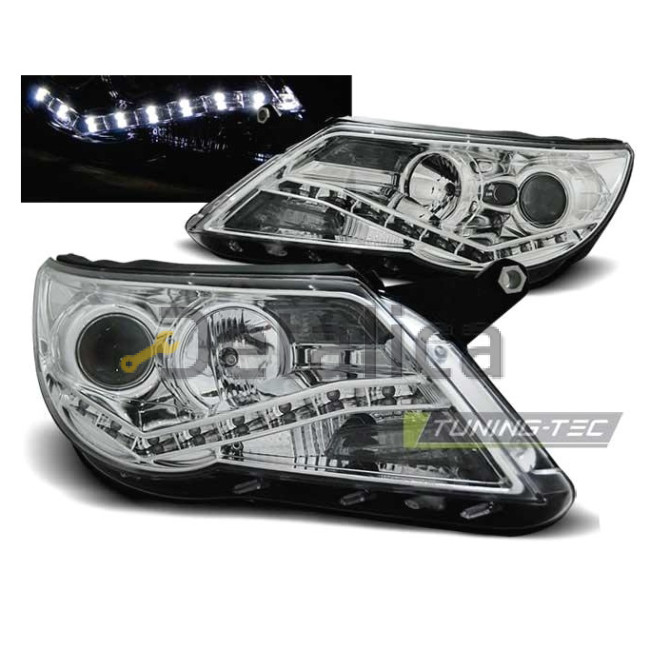 Фары комплект тюнинг линзованная с Drl дневные ходовые огни с ветящимся ободком внутри хром для Фольксваген Тигуан от 2007-2010 (Sonar) Фары комплект тюнинг линзованная с Drl дневные ходовые огни с ветящимся ободком внутри хром для Фольксваген Тигуан от 2007-2010 (Sonar)