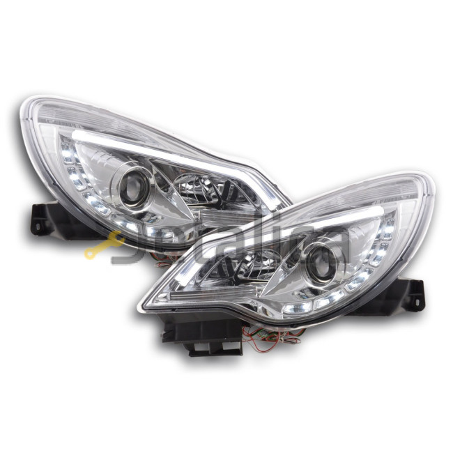 Фары тюнинг-комплект линзованные с светящимися секциями DEVIL EYES внутри хром для Opel Corsa D от 2011