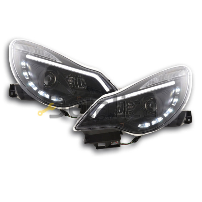 Фары тюнинг-комплект линзованные с светящимися секциями DEVIL EYES внутри чёрные для Opel Corsa D от 2011