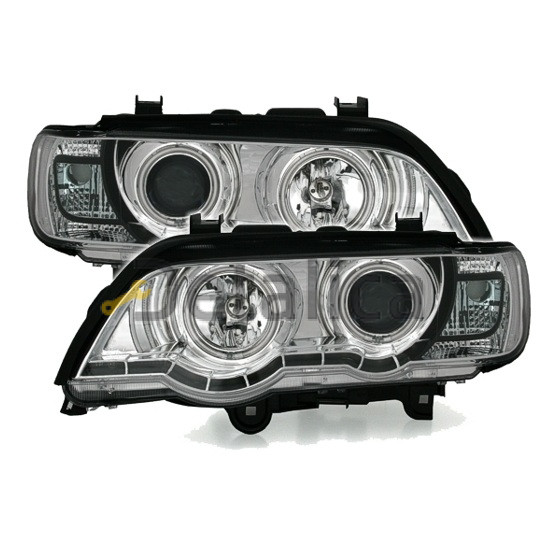 Фара левая+правая комплект тюнинг ксенон с  CCFL  светящимся ободком , линзованная DEVIL EYES под корректор EAGLE EYES внутри хром для BMW E53 X5 от 1999-2004