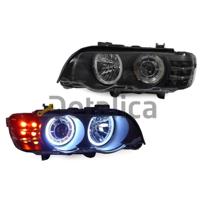 Фара левая+правая комплект тюнинг ксенон с диод указатель поворота ,светящимся ободком ,регулятором мотора линзованная внутри черная для BMW E53 X5 от 1999-2004