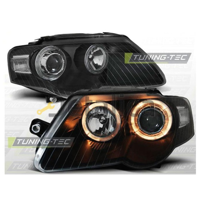 Фары тюнинг-комплект с регулятором мотора линза с 2 светящимися ободками внутри черная для Фольксваген Пассат Б6 от 2005 (Depo)