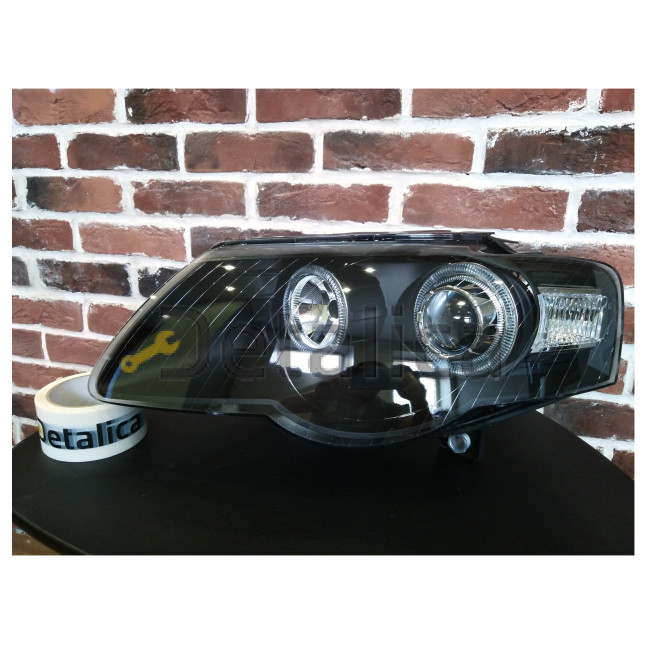 Фары тюнинг-комплект с регулятором мотора линза с 2 светящимися ободками внутри черная для Фольксваген Пассат Б6 от 2005 (Depo)