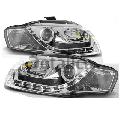 Фара левая+правая комплект тюнинг линзованная с рег мотора внутри хром для Ауди А4 от 2005 (Sonar)